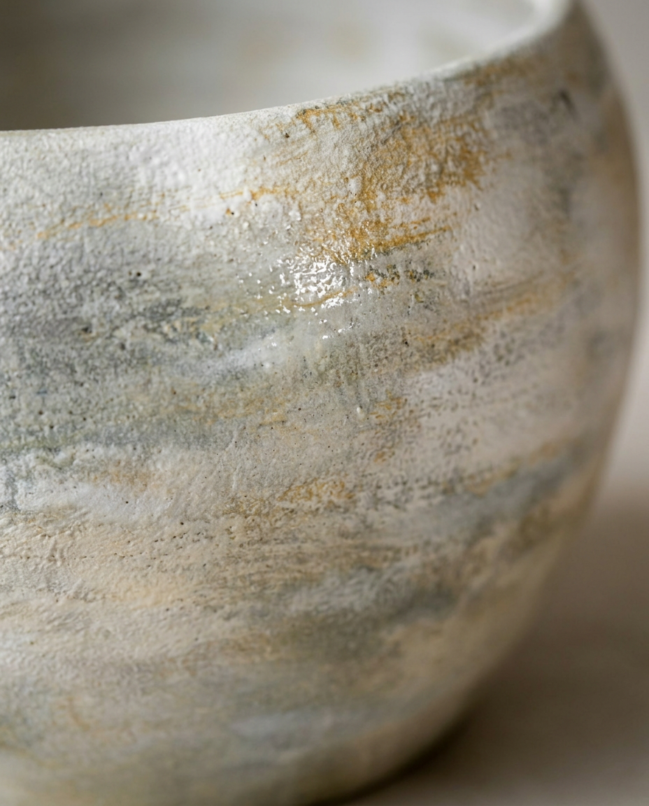 Close-up of raw ceramic texture with golden patina