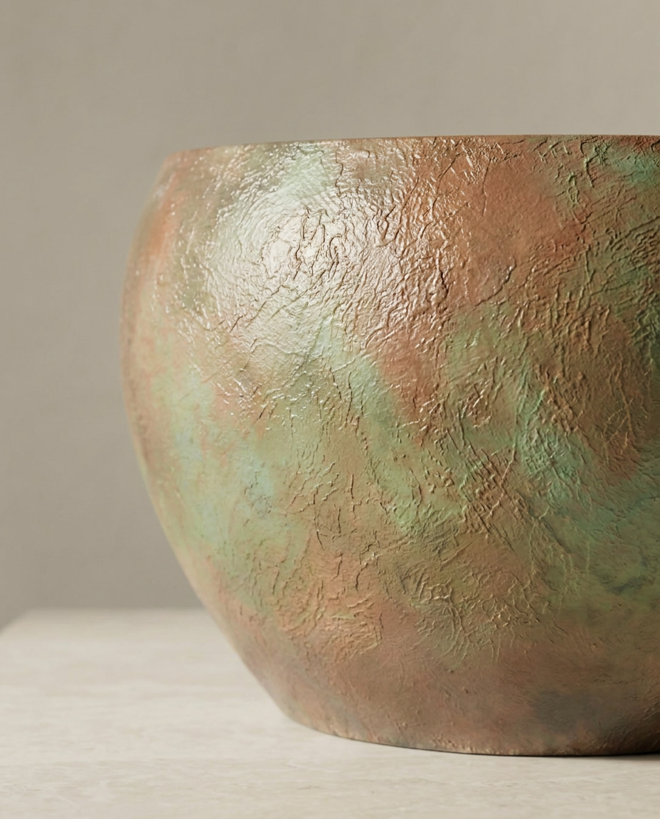 Copper-toned earthenware bowl with verdigris glaze
