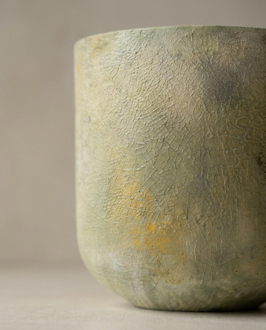 Sage crackle-glazed vessel with ochre bloom