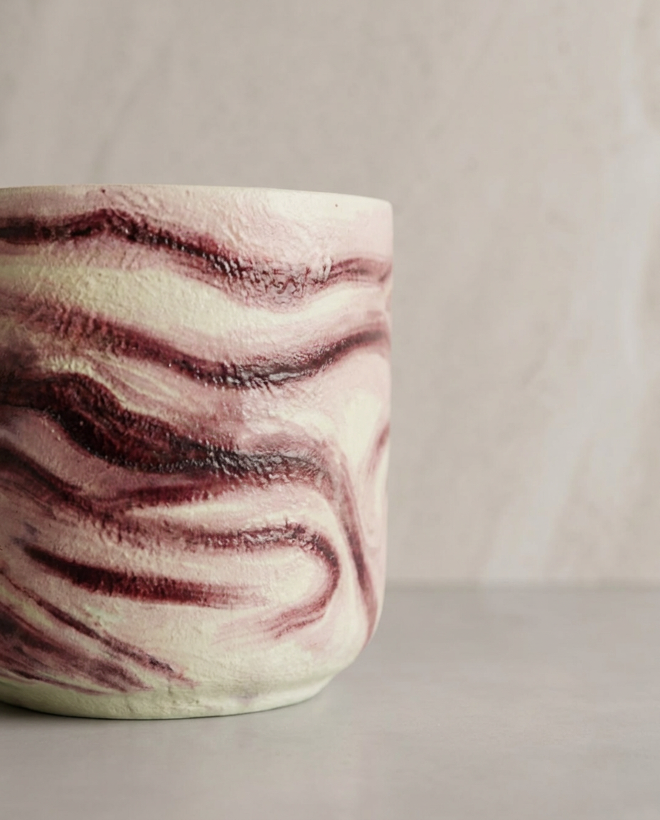 Cream vase with burgundy marbled brushwork