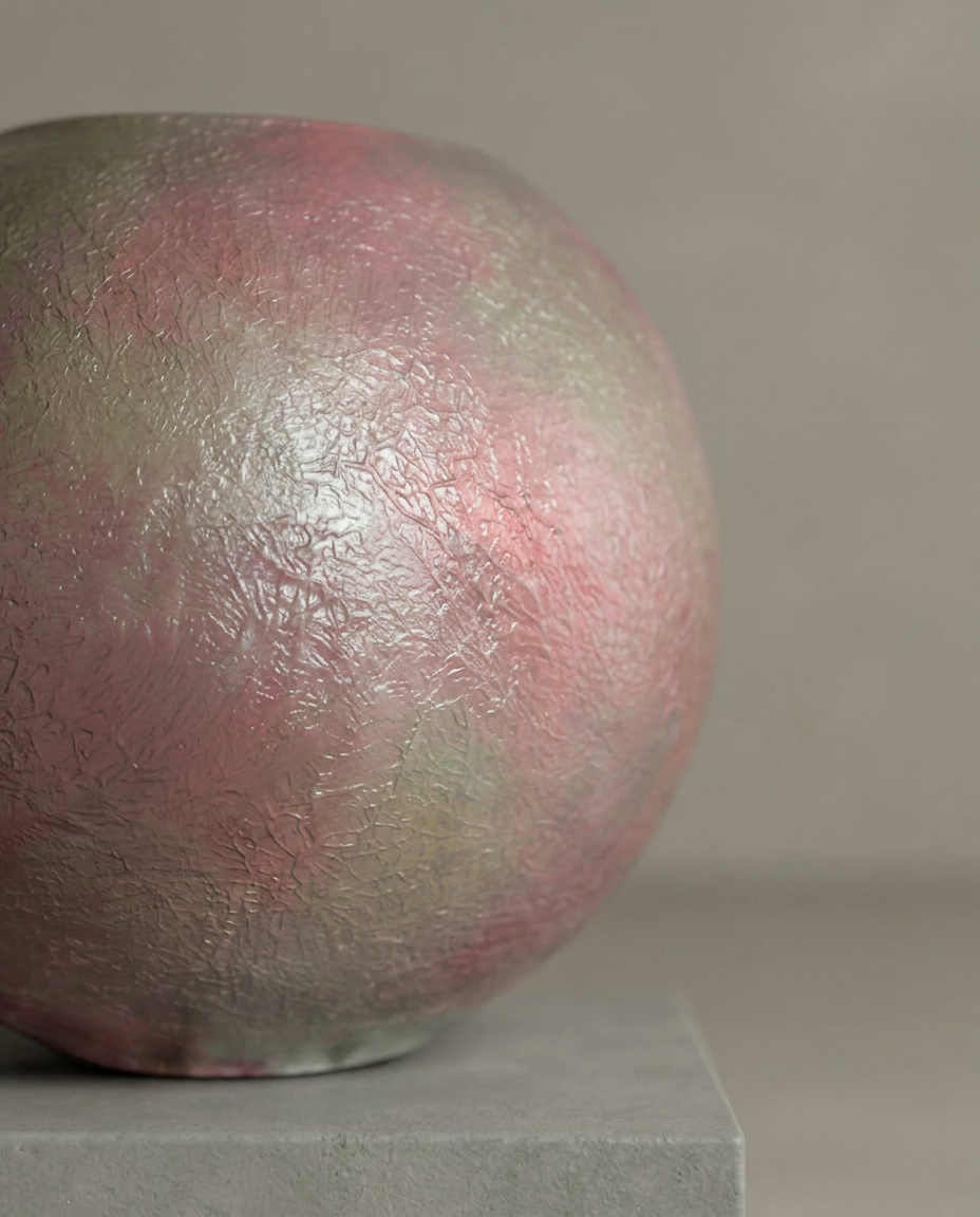 Spherical vessel with iridescent rose glaze on plinth