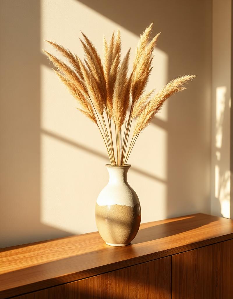 Beige vase with pampas grass on wood console