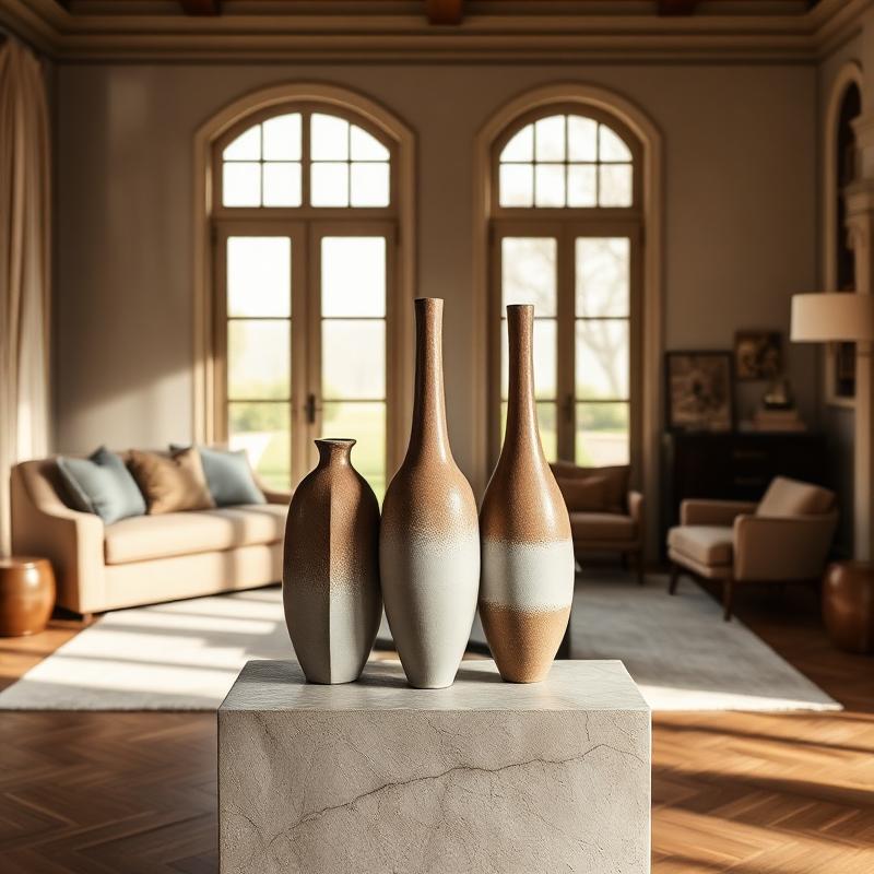 Three sculptural vases on stone plinth in living room