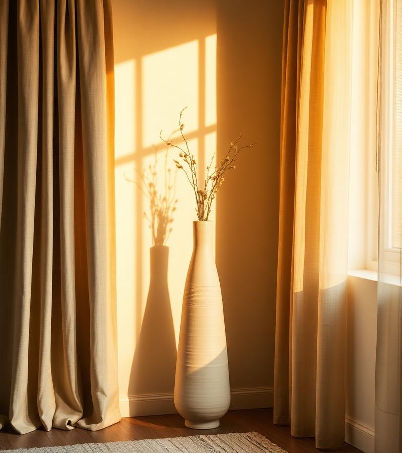 Tall floor vase by linen curtains in golden light
